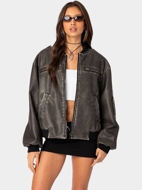 Edikted Oversized Faux Leather Bomber Jacket in Charcoal Gray